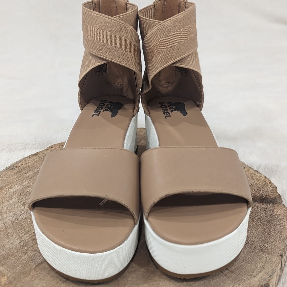 SOREL Cameron Tan Leather Back Zip Platform Sandals Size 9.5 EUC